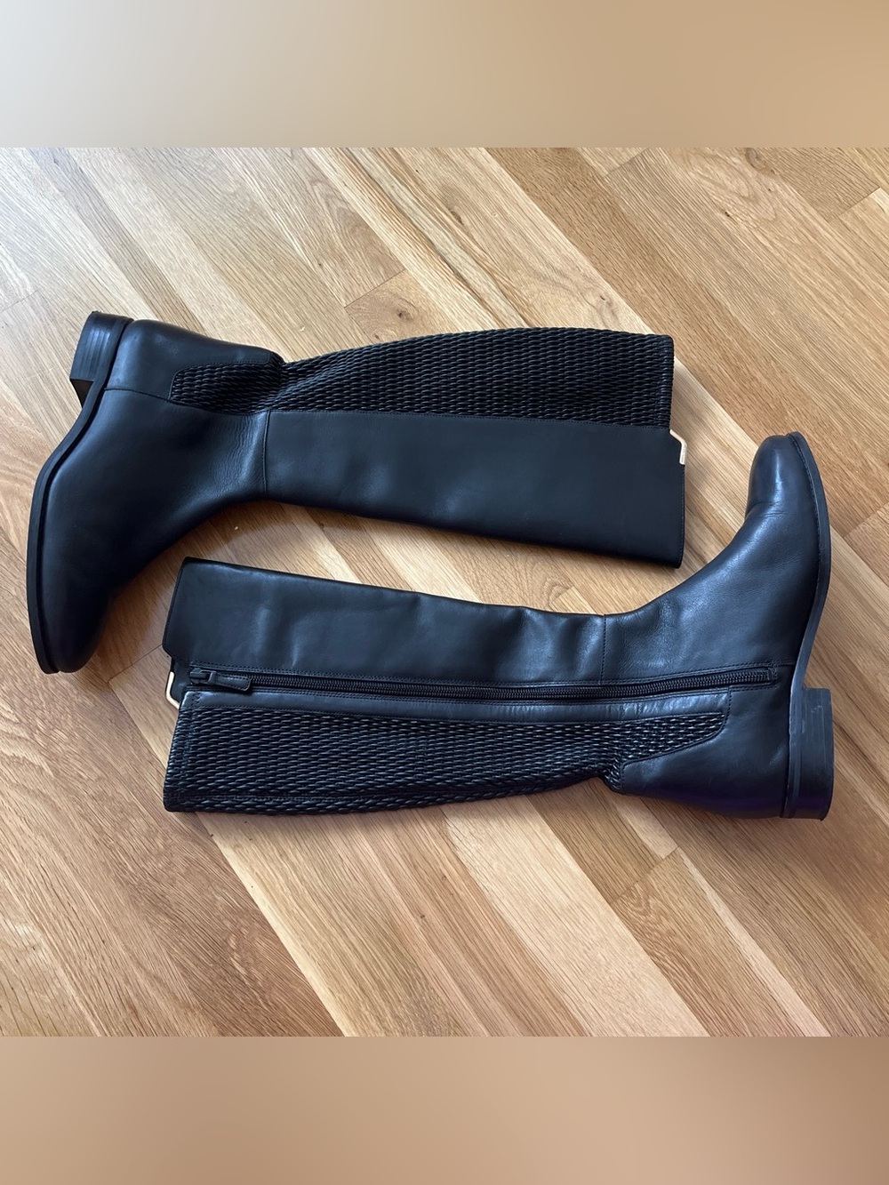Cole Haan Black Leather Knee-High Boots with Textile Panels